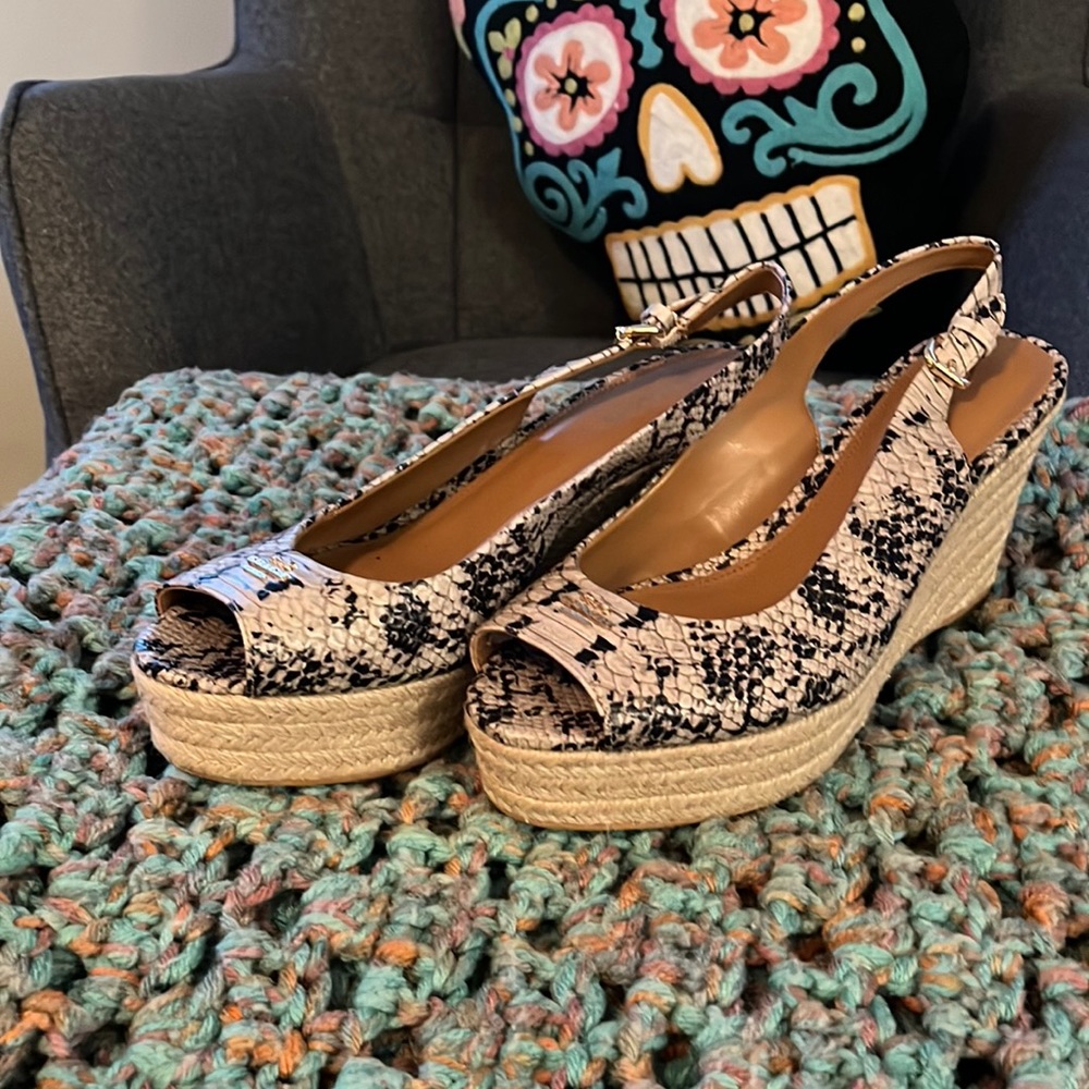 Coach wedge espadrille snake print with peep toe size 8